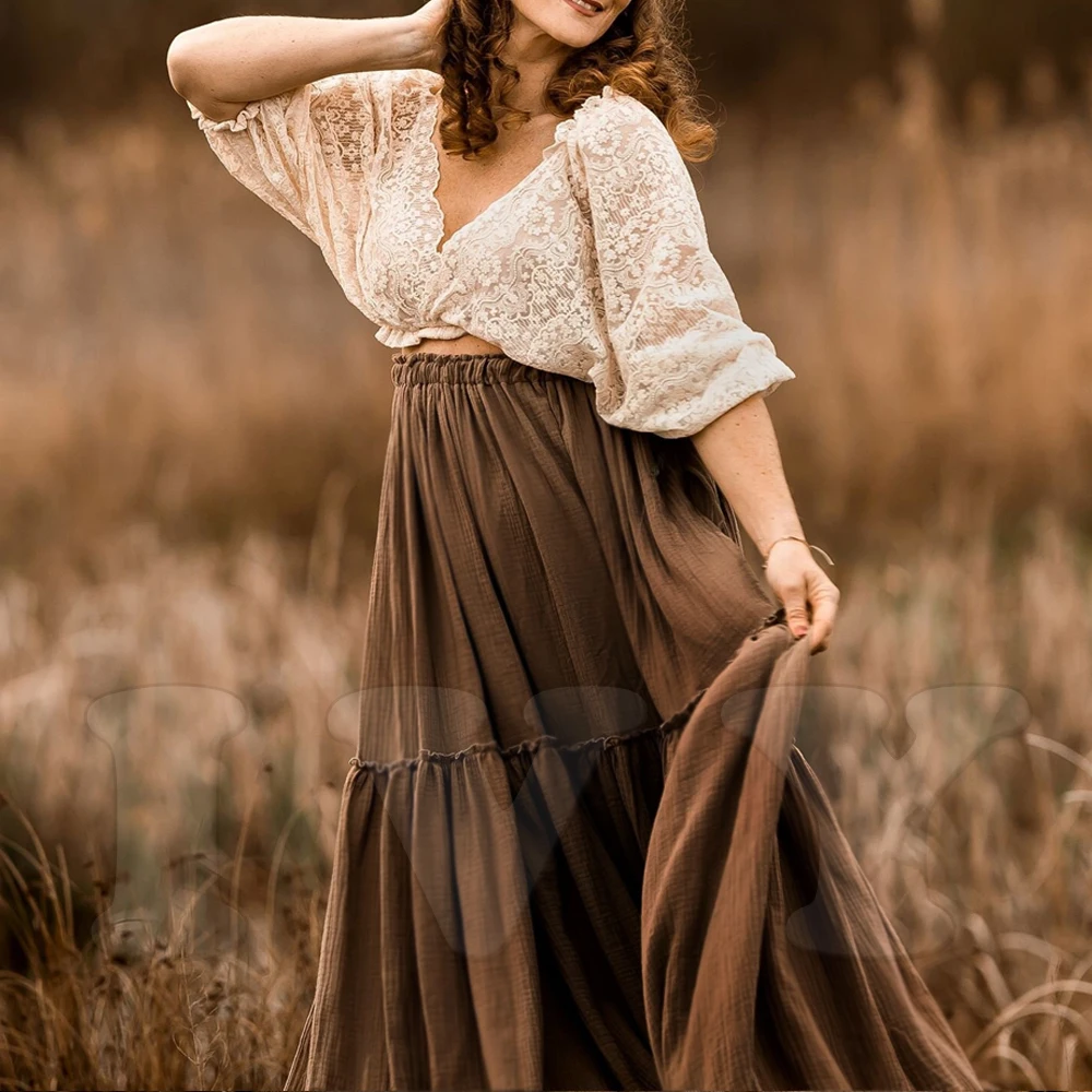 Bohemian Photo Shooting Pregnancy Dress Dual color design Two-Pieces Set Vintage Lace Top and Linen Cotton Skirt Pregnant Women