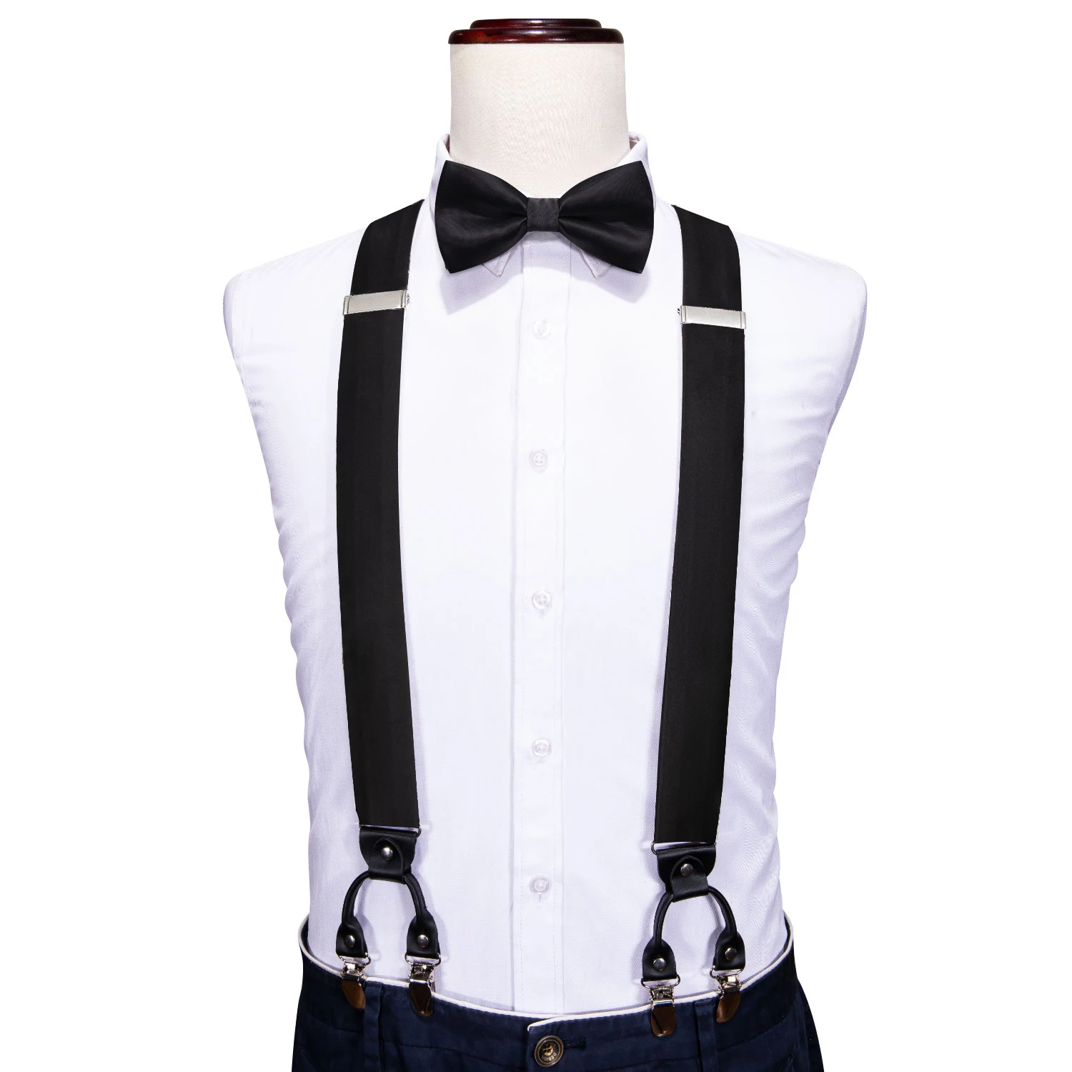 Barry.Wang-Conjunto de Suspender De Seda Preta para Homens, Gravata Laço Sólida, Lenço, Abotoaduras, Festa De Negócios, Presentes De Designer, Alta Qualidade, 2092