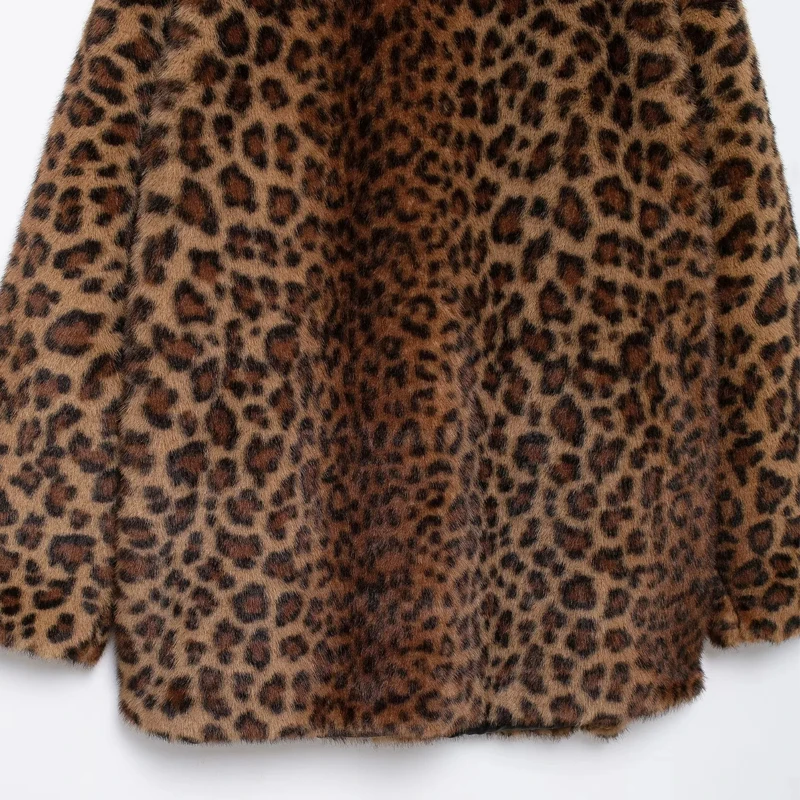 TRAF Parkas Womens Coats Winter Leopard Faux Fur Coat Warm Vintage Autumn Plush Jacket Outerwear Long Sleeve Furry Coats Woman