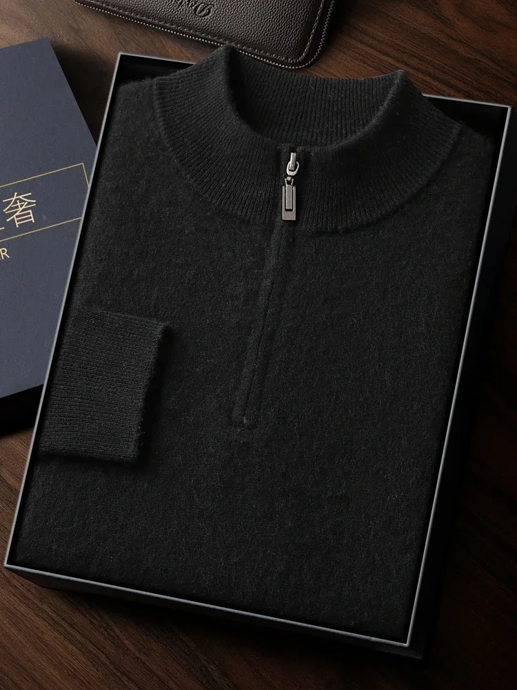 Commuting Autumn Winter Mens Sweater Pullover 100% Cashmere Sweater Zip Half Open Collar Warm Knit Clothes Smart Casual Pullover