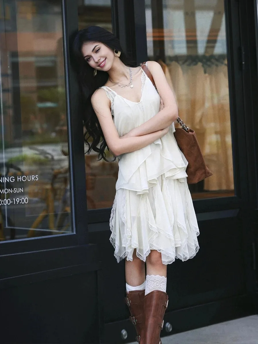 ReddaChic Fairy Women's Chiffon Top Skirt Set Summer Solid Irregular Ruffle Flowy Camisole Elastic Waist Mini Skirt Daily Wear