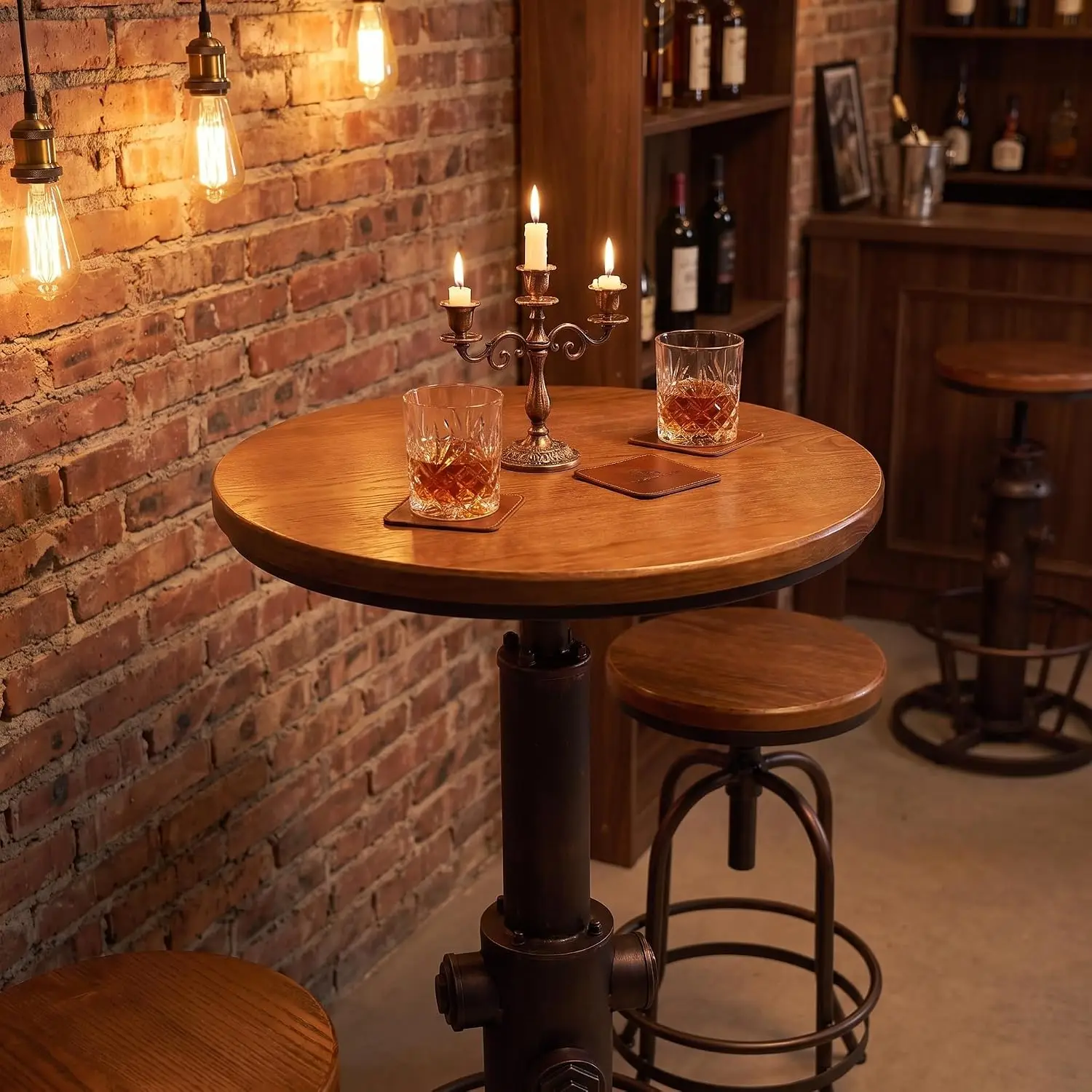 Industrial Bar Table, Swivel Round Wood Top Counter, Height Adjustable Vintage Bistro Furniture, Kitchen Dining Room Pub Accent Coffee Desk, Hydrant Design, Brown, One Piece Set