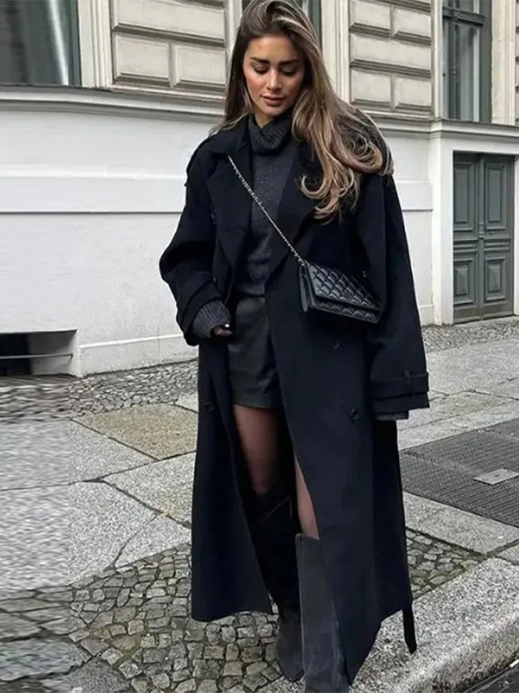 

Woolen Breasted Long Coat Women Lapel Double Breasted Casual Pocket Chic Elegant Outwear Autumn Winter Street Lady Overcoat