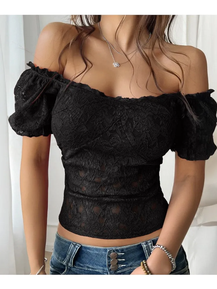 

2026 Casual Blusas T Shirt Tees Short Sleeve Tops Hot Girl Style Sexy Slim Off Shoulder Solid Color Lace Fashion One Line Neck