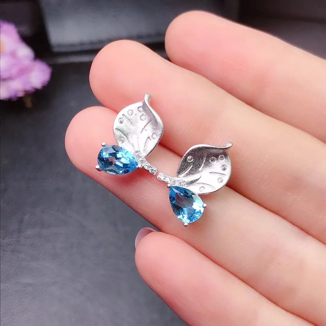 

New Natural Blue Topaz Earrings 925 Silver Women's Earrings Luxurious Atmosphere Dignified Elegant Style