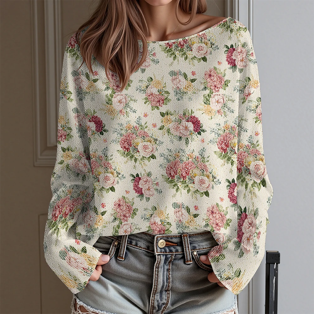 

Подарок на День святого Валентина, женская футболка с цветочным принтом на одно плечо, свободный крой, топ с длинными рукавами, блузка с милым сердечком ​ Топы Harajuku Cottagecore