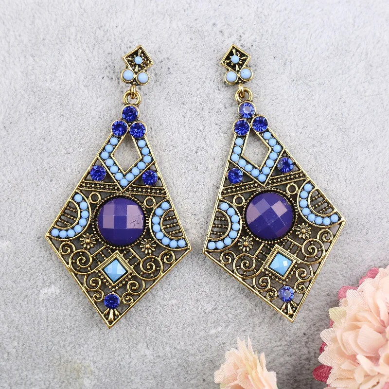 Guochao ethnic style acrylic women's earrings hollow niche design rhombus ancient bronze retro earrings wholesale