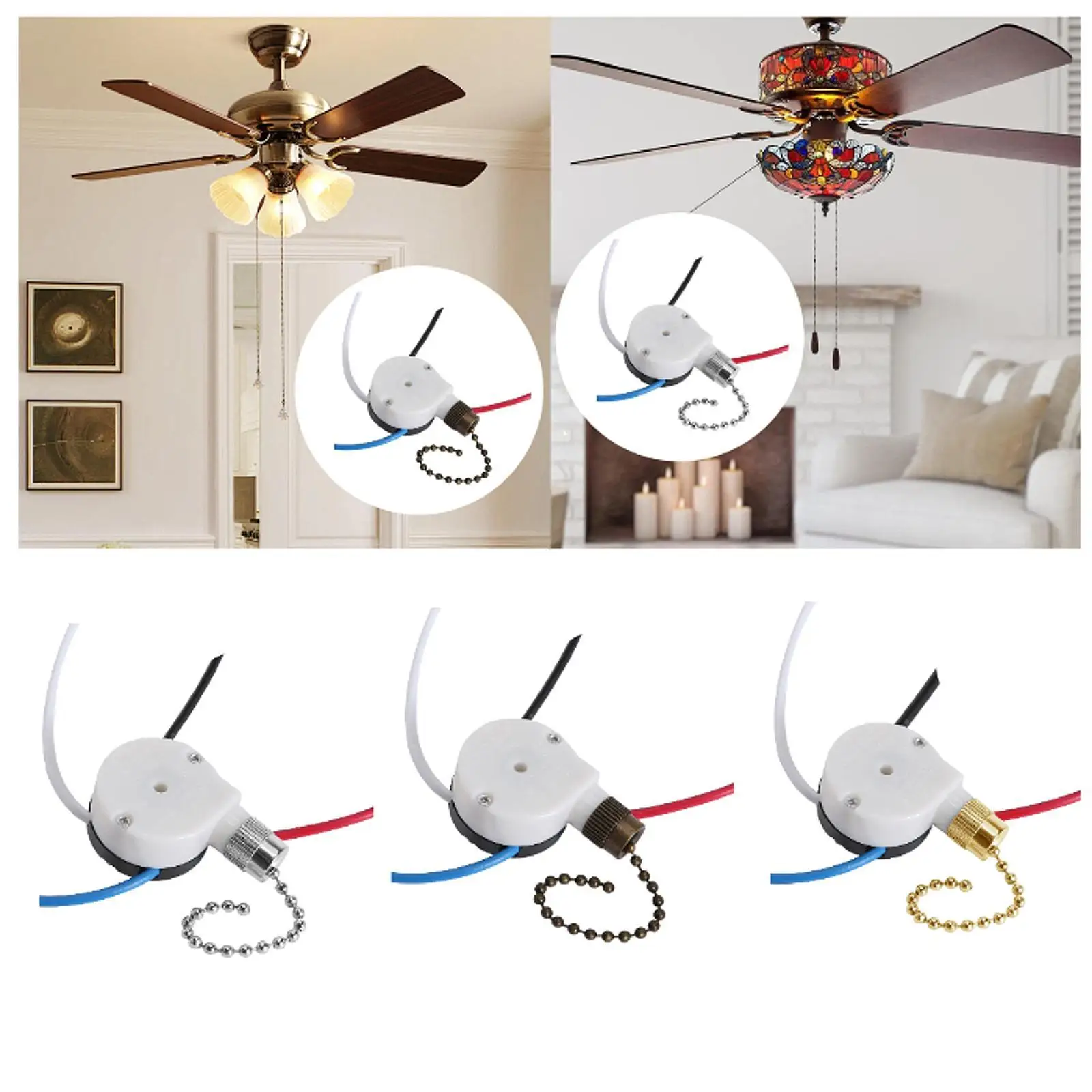4 Wire Pull Chain Switch Gold Color Lighting Control Accessory for Ceiling Fan and Lamp Fixtures