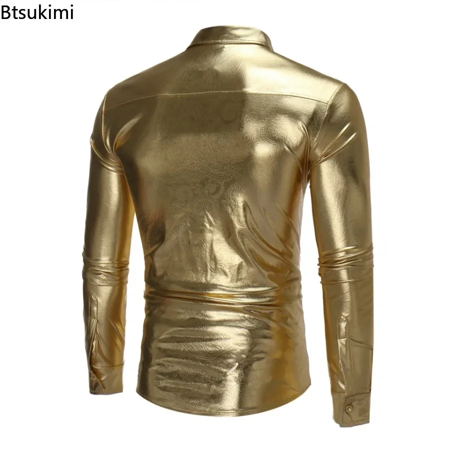 2024 Men's Disco Shiny Gold Sequin Metallic Design Dress Shirt Long Sleeve Button Down Christmas Halloween Party Stage Costume