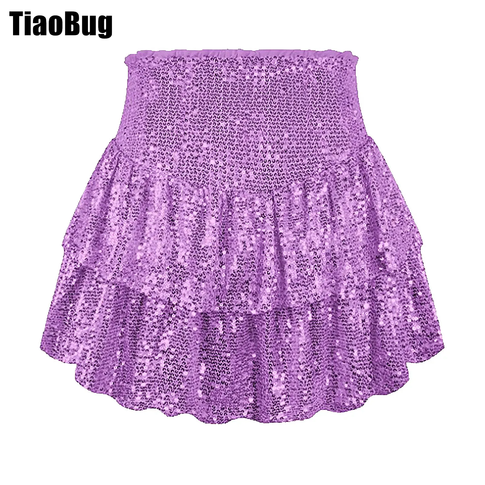 Womens Sparkly Sequins Tiered Ruffled Skirt Casual Solid Color High Waist Side Invisible Zipper Built-in Shorts A-Line Miniskirt