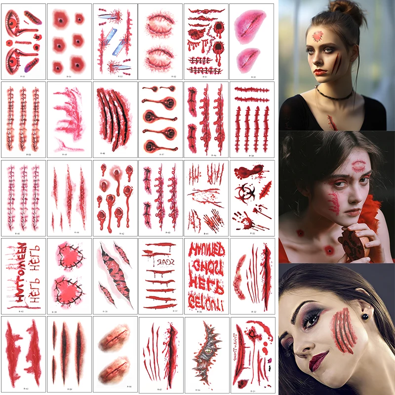 

30pcs/set Wound Scar letter Tattoo Stickers Halloween Party Horror Bloody Decoration Temporary Tattoo Cosplay Makeup Props