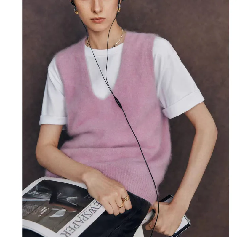 

Women Fleece Wool Sweater Vest,Autumn Winter V-neck 4.7%Cashmere 95.3%Wool, Knitted Pullover Tops