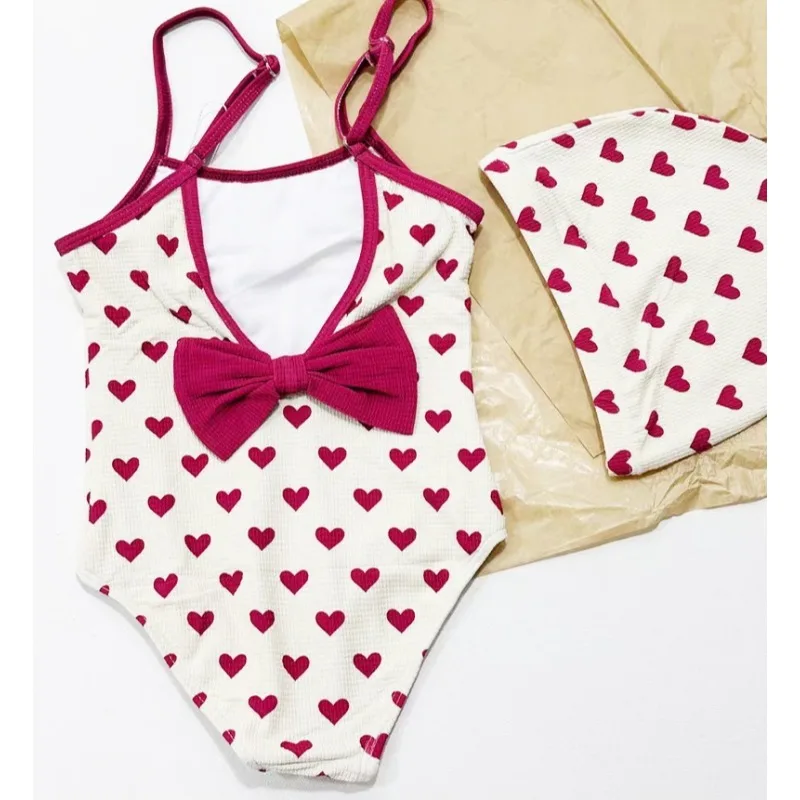 Girls Sun Hat Simple Color Contrast Heart Print Fashionable Fisherman Hat Cute Set Kids Beach Swimwear Bikinis Baby Swimsuits view 5