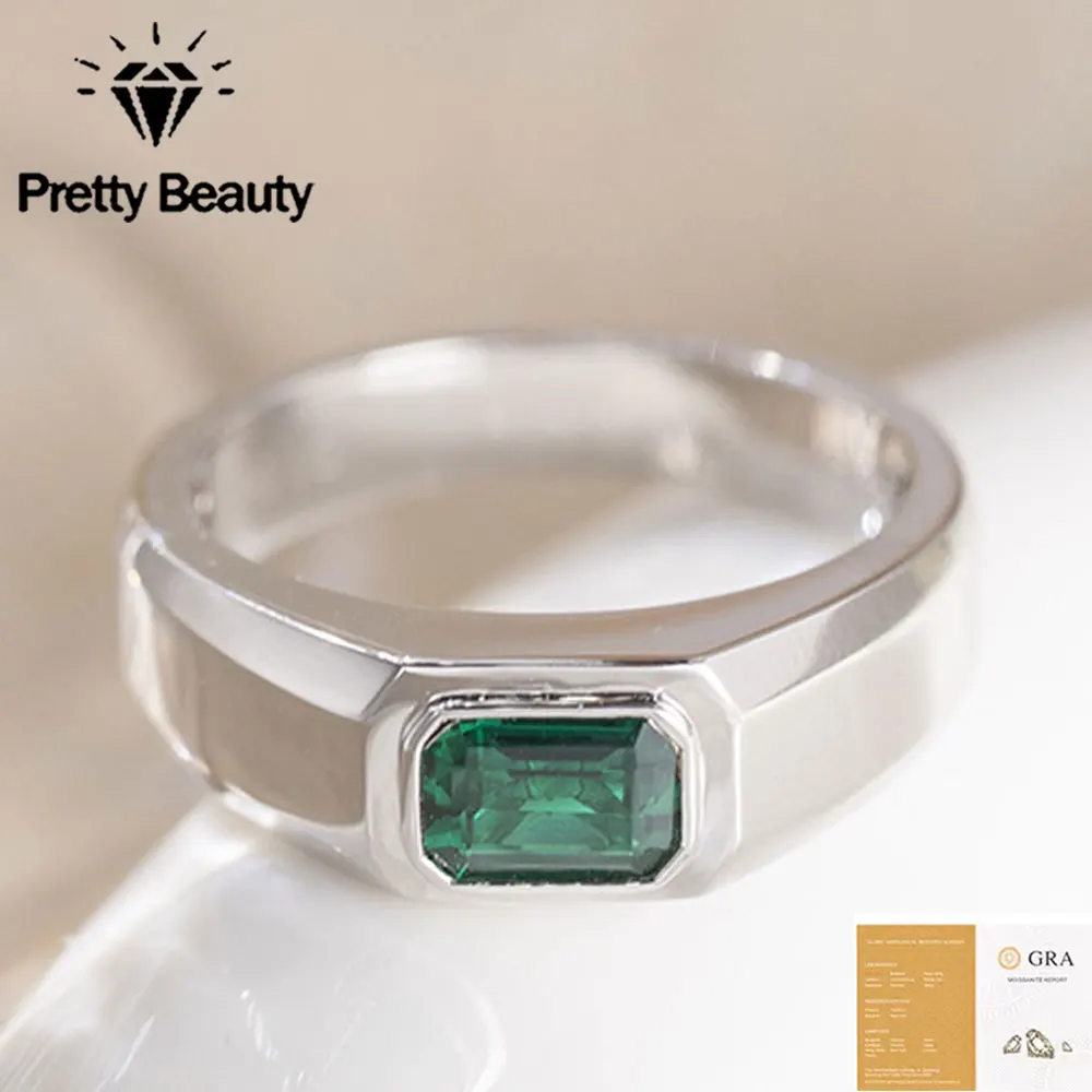 Pretty Beauty 1CT Emerald Ring S925 Silver Bezel Set Ruby Sapphire Wide Band Engagement Ring for Women Anniversary Jewelry Gift