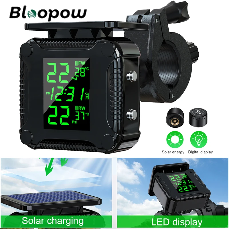 

Bloopow Motorcycle Tire Pressure Alarm LCD Screen Tire Pressure Monitoring System with 2 External Sensors USB Solar Charging