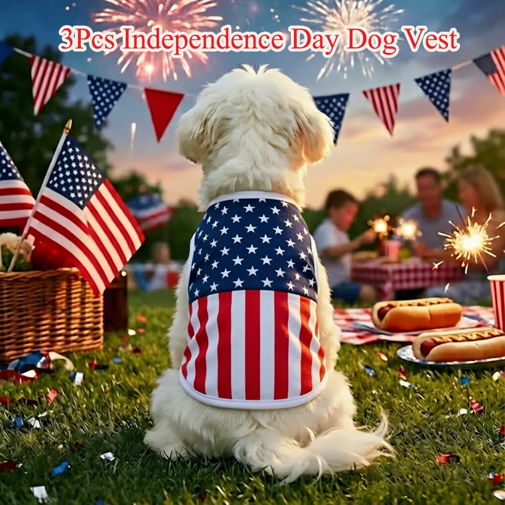 3-teiliges 4. Juli Haustier-Outfit Atmungsaktive Netz-Hundeweste Amerikanische Flagge T-Shirt Sommer Welpenkleidung Unabhängigkeitstag Party-Kostüm