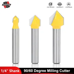 1/4 Shank V Slot Router Bit 90/60 Degrees 3D CNC Solid Carbide Milling Cutter For Wood MDF Engraving Woodworking Tools