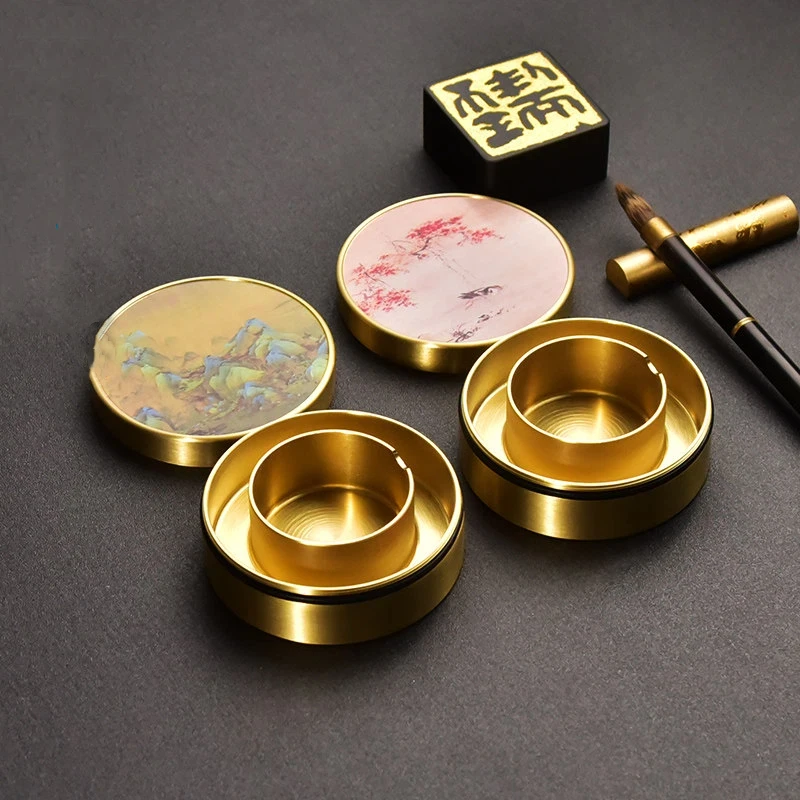 Brass Ink Stone with Lid Moisture Retention Multifunctional for Chinese Calligraphy Painting Gift Collection Study Decoration