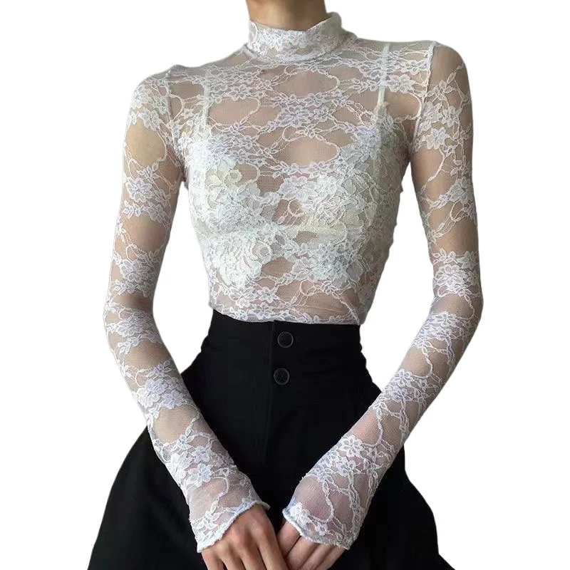 Y2k Sheer Lace Blouse Tops Women Long Sleeve Turtleneck Summer Mesh Patchwork Slim Fit Sunscreen Thin Spring Casual Tops