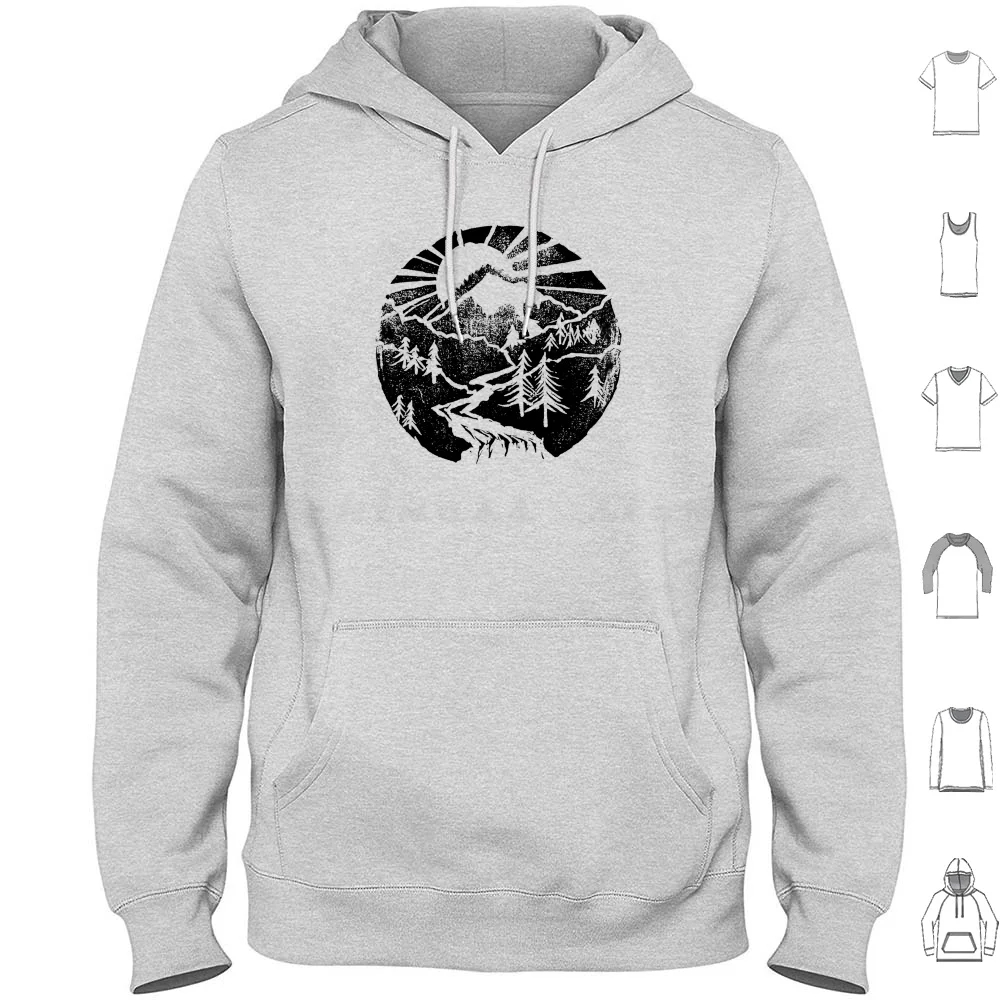 Pnw Great Outdoor Block Print Sudaderas con capucha de manga larga Pnw Parque de Montañas en blanco y negro Parque Nacional Atardecer Amanecer