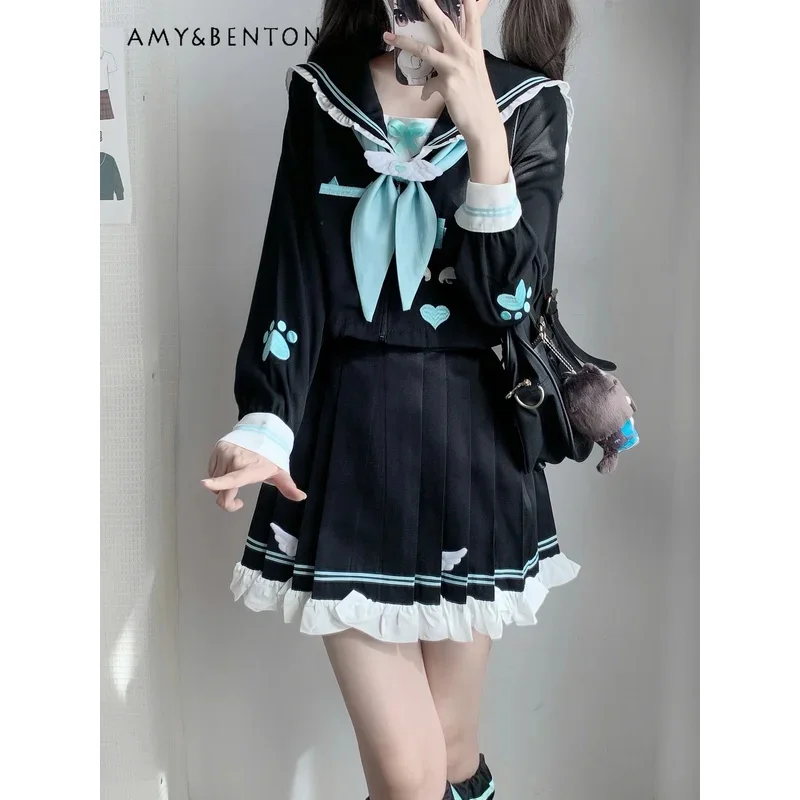 25COSKawaii Preppy Style Jk Uniform Suit Japanese Navy Collar Long-sleeved Short Shirt Ruffle Edge Patchwork Pleated Skirt Twins