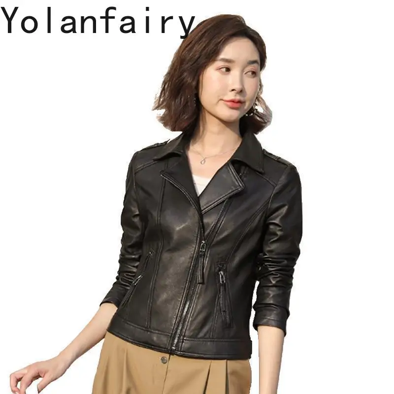 

YOLANFAIRY Sheepskin Real Leather Jacket Women Autumn New in Coats Short Motorcycle Jackets Slim Fit Jaqueta De Couro Feminina