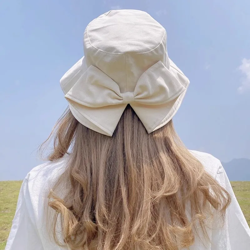 Damenhut mit breiter Krempe, japanischer Sommer-Bucket-Hat, Sonnenschutz, Schleifendekoration, vielseitiger Sonnenhut