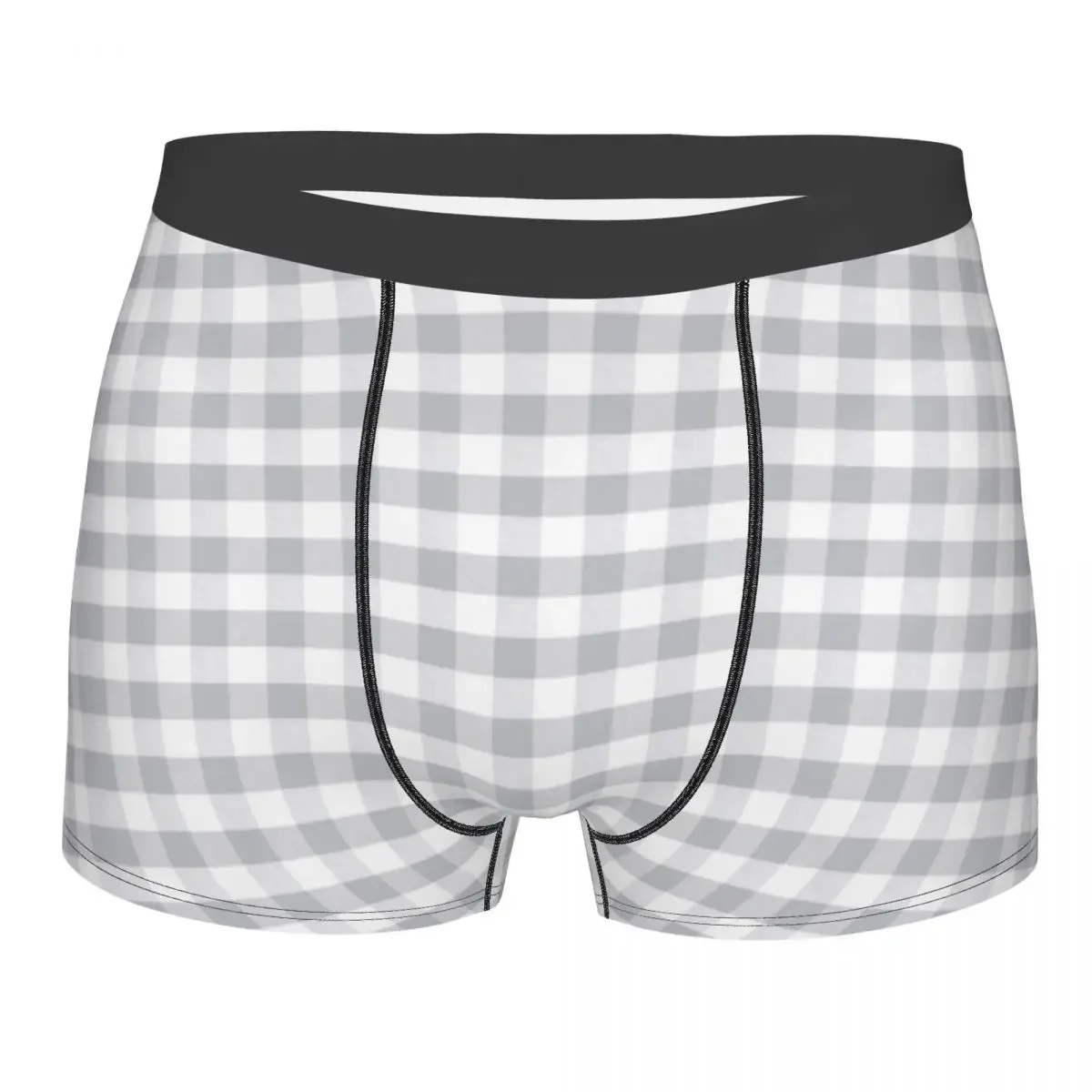 Custom Light Gray Gingham Plaid Boxers Shorts Mens Geometric Check Briefs Underwear Fashion Underpants