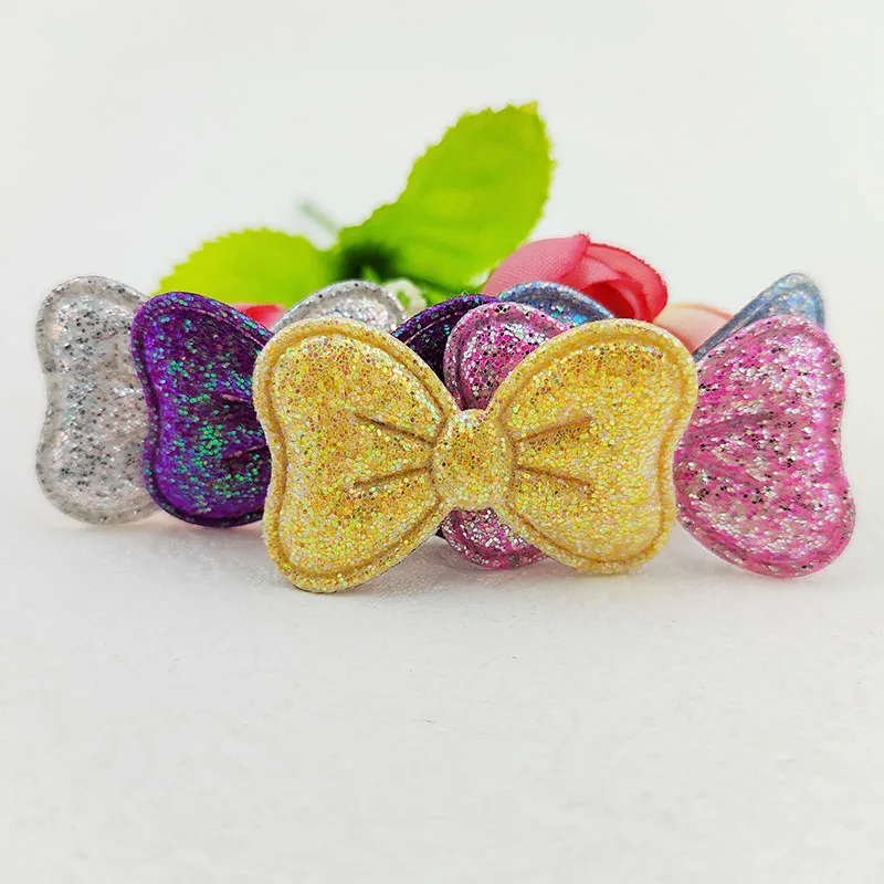 100Pcs 4X2.5CM Glitter Fabric Bowknot Appliques For Clothes Hat Sewing Supplies DIY Headwear Hair Clip Bow Decor Patches