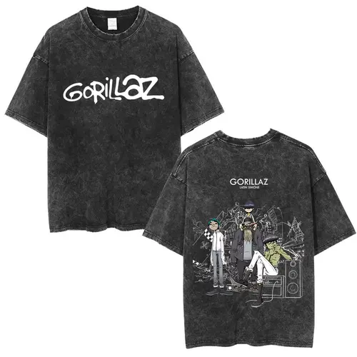 Camiseta con gráfico de Gorillaz de banda de Rock Vintage lavada, ropa para hombres y mujeres, moda Hip Hop, ropa de calle de gran tamaño, camisetas informales para hombre