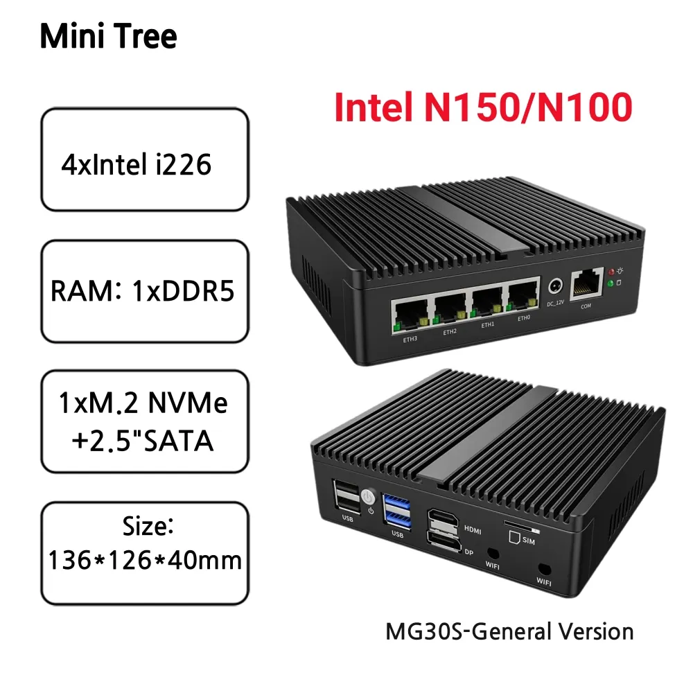 Fanless Intel N150 Home Office Mini Router 4x2.5G LAN Linux Ubuntu Compact Industrial Mini Box Computer 8G DDR5 128GB SSD 4G SIM