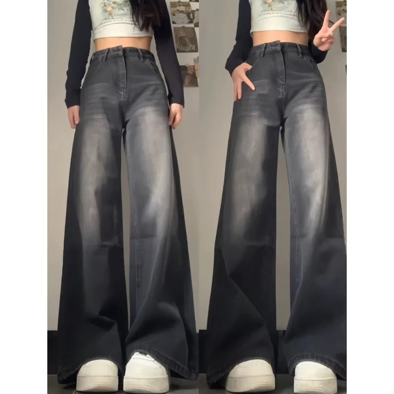 

Women Vintage Gradient Black Gray Wide Leg Jeans Y2K High Waist Floor Length Flare Denim Pants Retro Baggy Streetwear Trousers