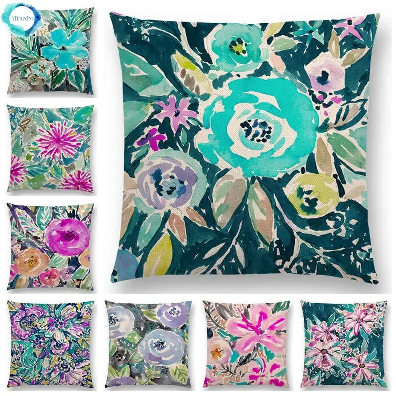 New Design Watercolor Flowers Prints Cushion Cover Home Decor Sofa Throw Pillowcase 25 color available