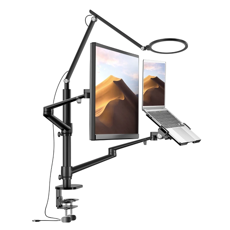 New Design 360 Swivel Monitor Laptop Arm Stand with LED Lamp 90 Degree Tilt for Working Gaming Stock Desktop Computer Stand