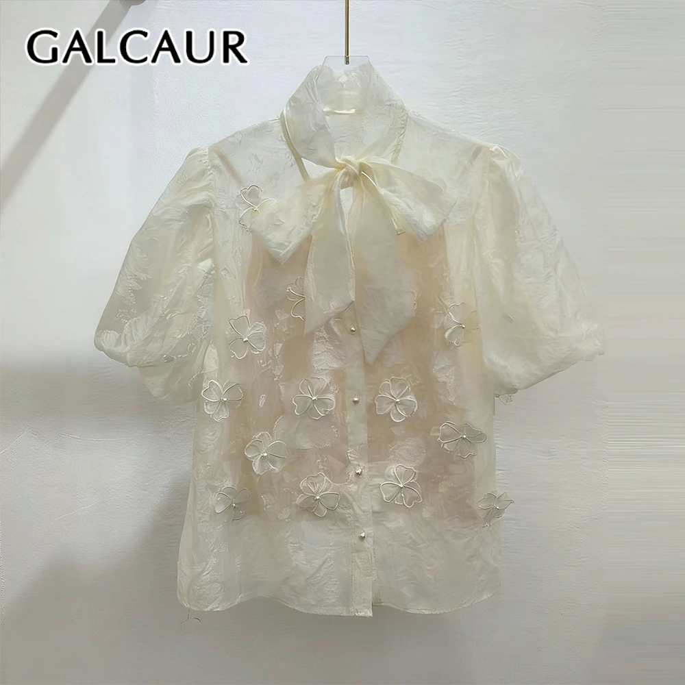 

Женская блузка GALCAUR с круглым вырезом, короткими рукавами, пэчворком и 3D-цветами, на одной пуговице, свободного кроя, новая модная коллекция