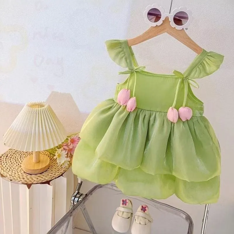 Baby Girl Dresses Summer Tulip Mesh Halter Girl Dresses Cute Multi Layer Girl Princess Dresses Baby Clothes Girl 80-110CM