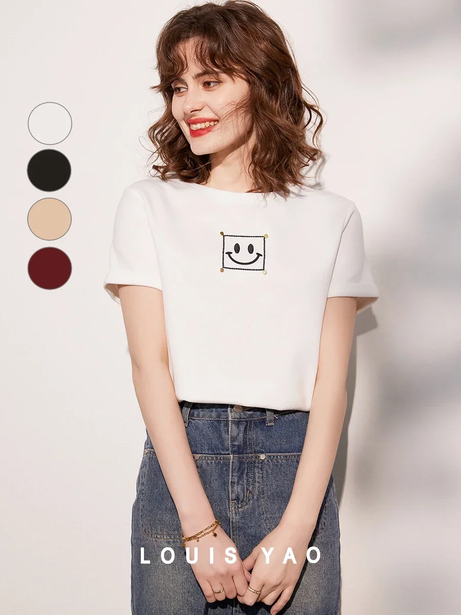 

LOUIS YAO Women T-shirt Casual Basic 2024 Summer Tee Embroidered Smiling Face Beading Round Neck Short Sleeve Loose Top