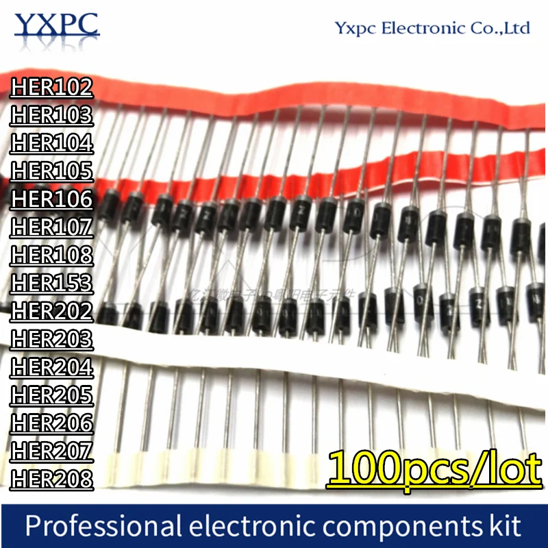 100pcs HER102 HER103 HER104 HER105 HER106 HER107 HER108 HER153 HER202 HER203 HER204 HER205 HER206 HER207 HER208 Diode