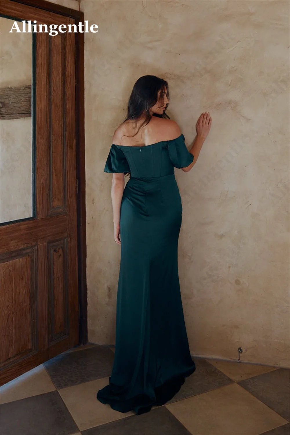 Allingentle Dark Green Satin Off the Shoulder Mermaid Evening Dress Women Elegant Sweetheart Side Split Pleats Prom Party Gown