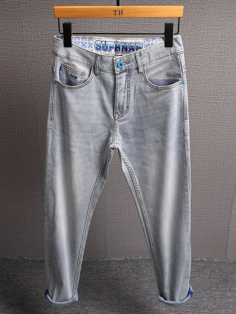 

Летние тонкие мягкие джинсы, мужские легкие роскошные модные модные длинные брюки из эластичной прямой саржевой ткани