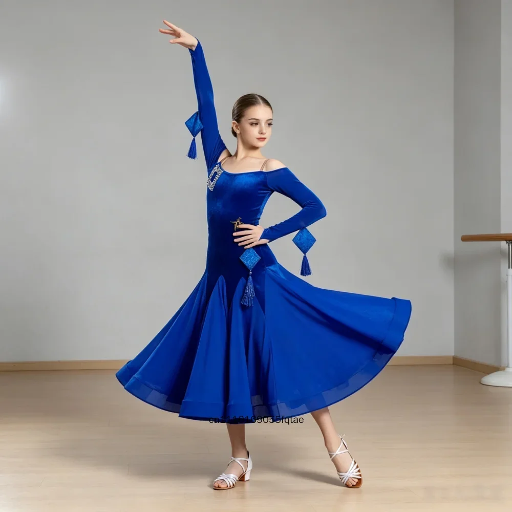 Women Modern Dance Dress Long Sleeve Ruffled Split Outfit High Gloss Big Swing Skirt Professional Competition Training Performan