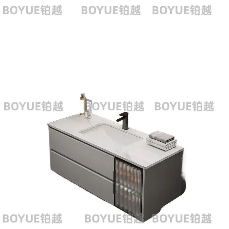 Slate Ceramic Integrated Basin Vanity Set with Toilet Solid Wood Mirror Cabinet Bathroom Washstand Combo Full Suite