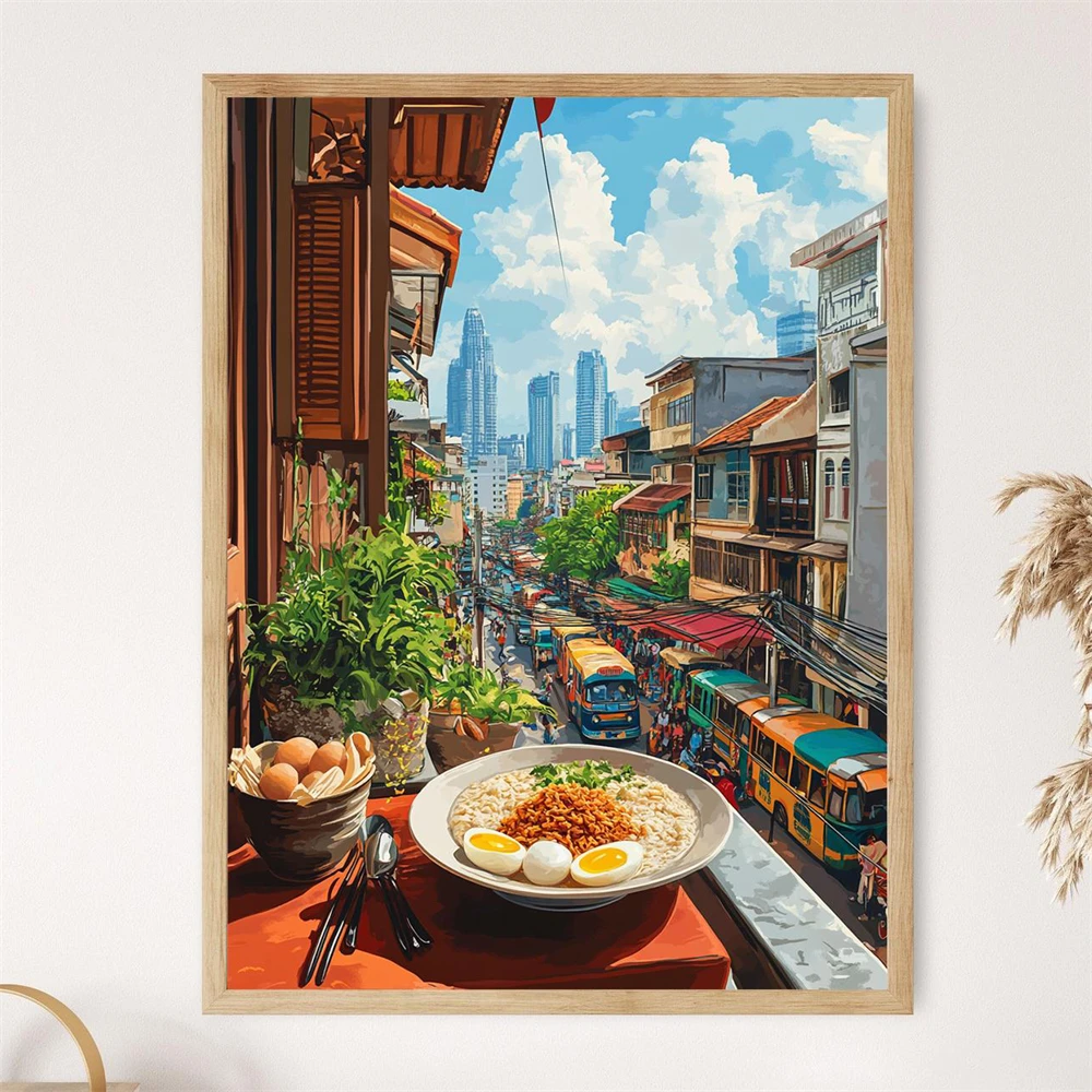 

Bangkok Floating Market Art Print Colorful Thailand Travel Poster Vintage Thai Tuk Tuk Print Exotic Street Tropical Fruit Prints