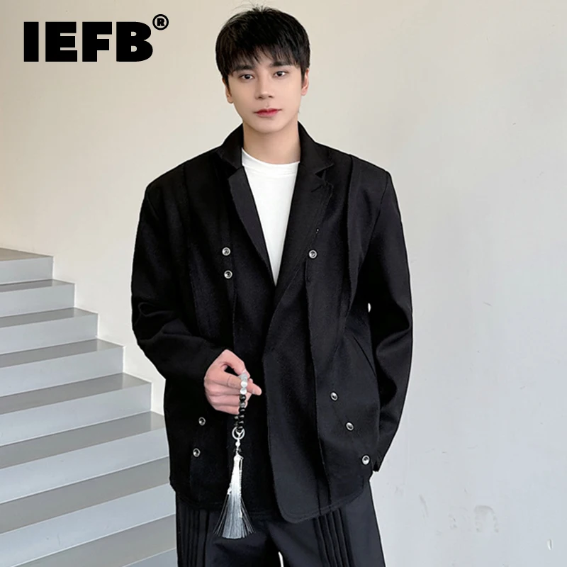 

IEFB Male Suit Jackets Personalized Patchwork Pleated Turn-down Collar Solid Color Men's Blazers Niche Design Spring New 9C4979