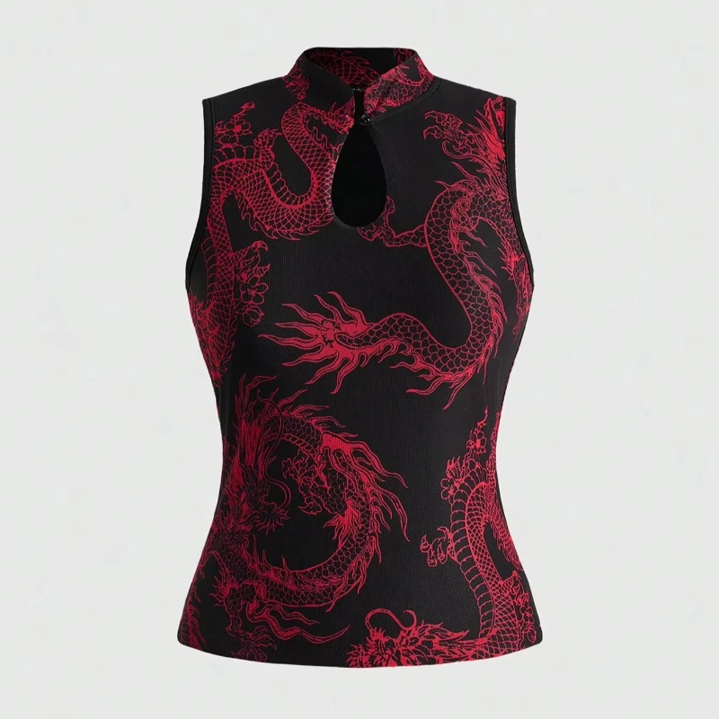 New Chinese Dragon Print Design Sleeveless Short Slim Top Cheongsam Collar Sexy Water Drop Hollow Y2K Fashion Street Ladies Vest