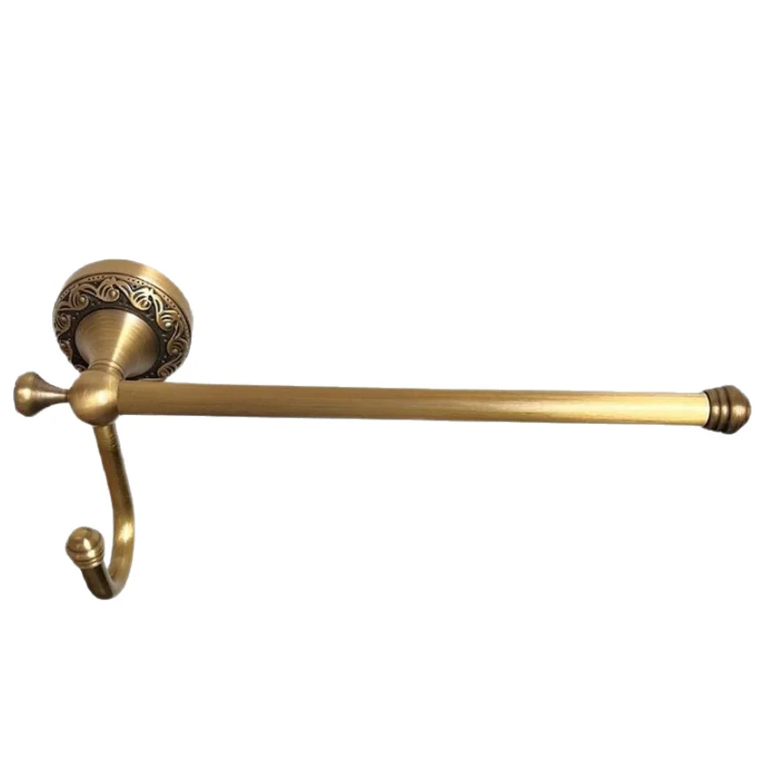 Antique brass towel bar with hooks for bathroom and toilet, featuring carved patterns, a towel rack for bathroom hardware.