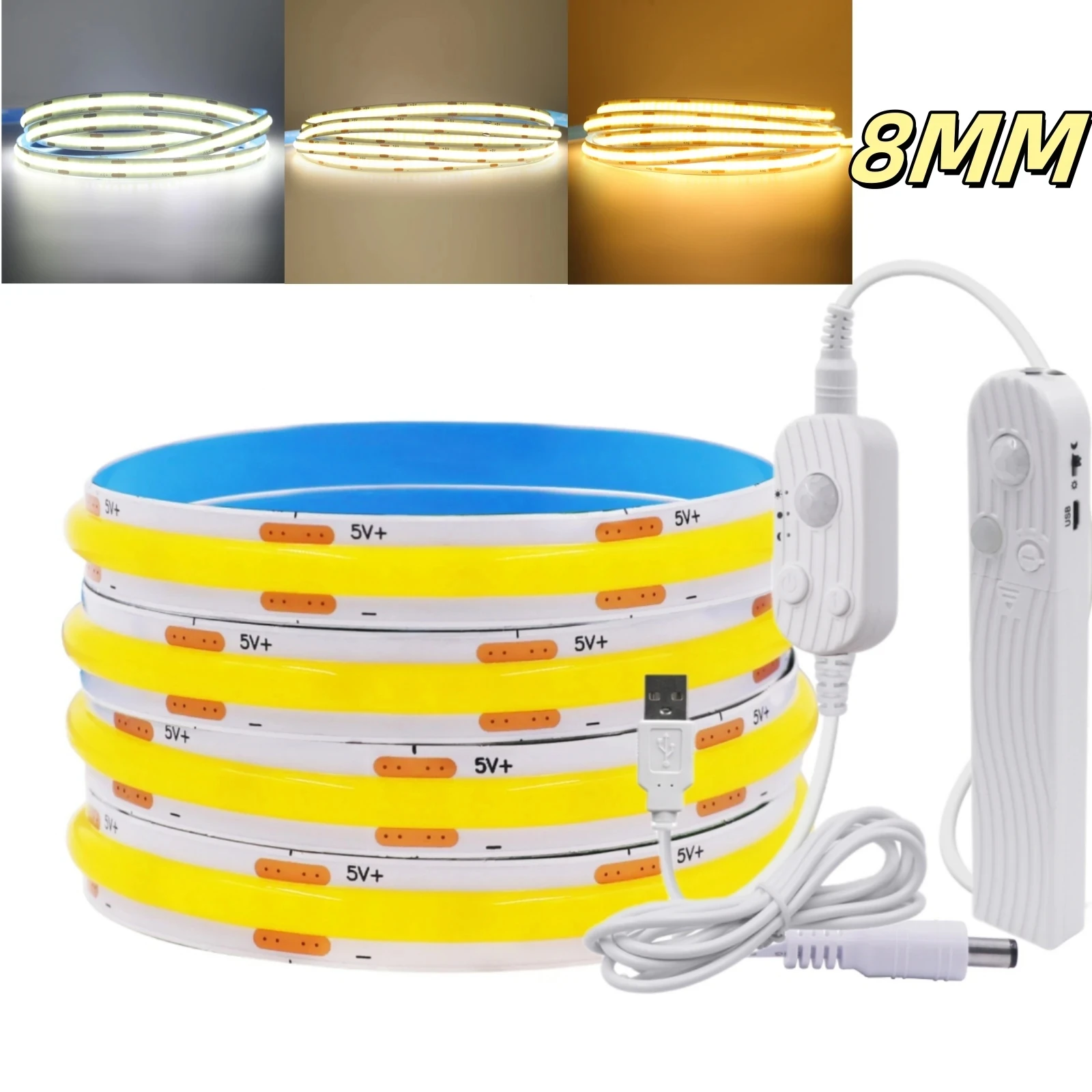 

USB COB LED Strip 5V with Motion Sensor Battery Box 5V 320LEDs/m High Density Flex Tape 8mm COB Strip Kitchen Under Cabinet Lamp