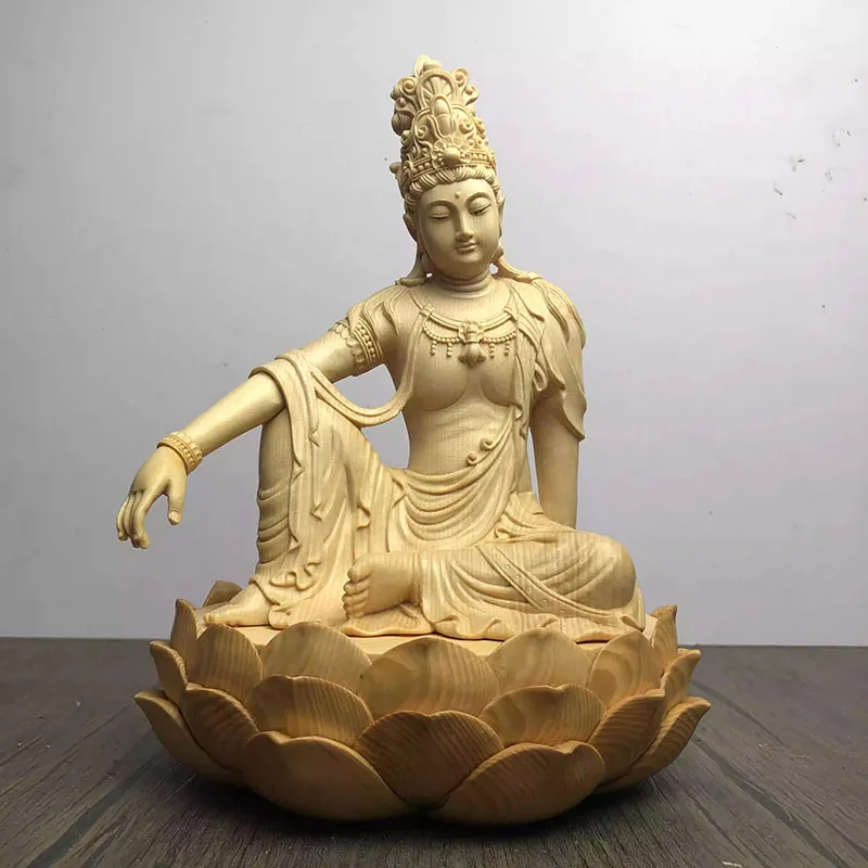 Zen Seated Guanyin on Lotus - Hinoki Wood Carving of Meditative Bodhisattva, Serene Buddha Statue with Rosewood Base for Living