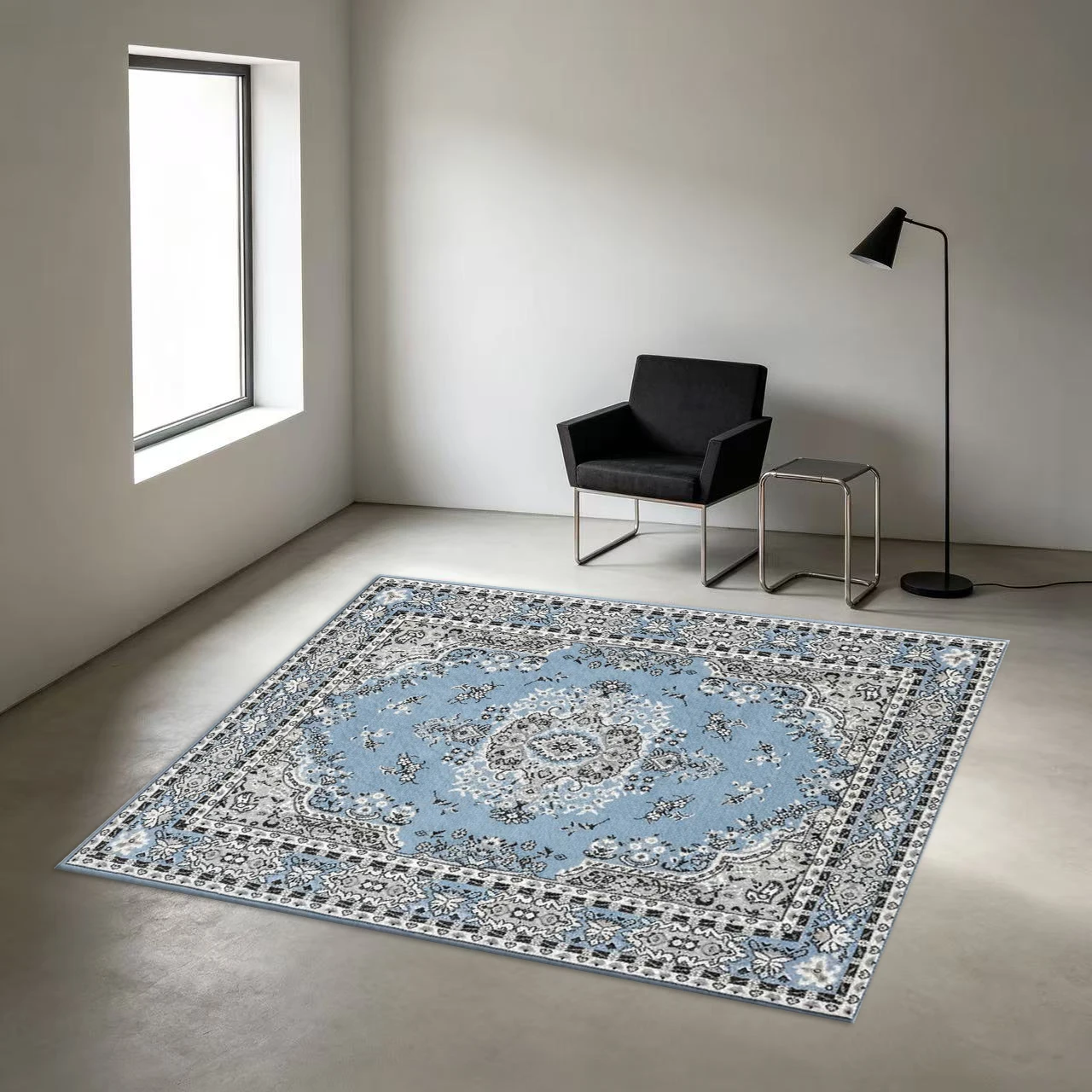 Classic Light Blue Vintage Medal Carpet, Oriental Style Square Carpet, Non-Slip Soft Mat Suitable for Home Interior Decoration