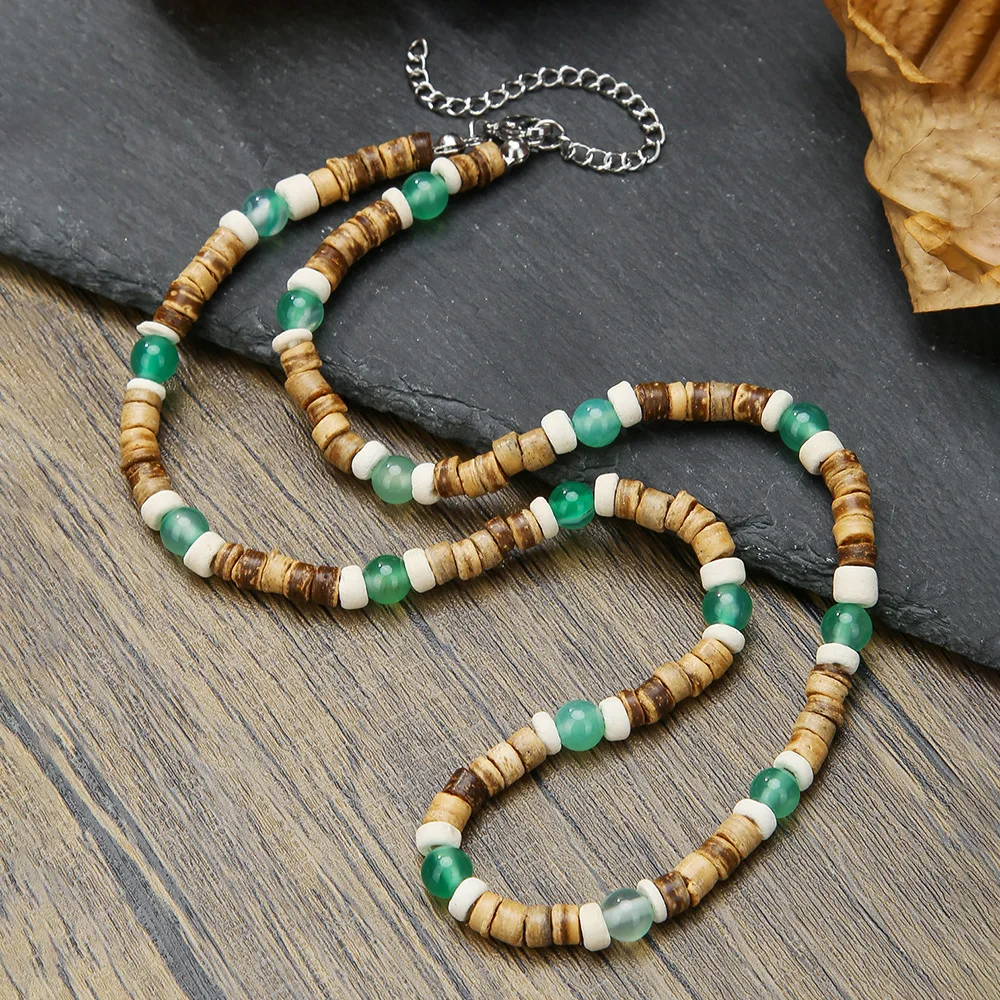 

1PC Summer Beach Light Coffee Color Bohemian Coconut Beaded Necklace for Men Tribal Wooden Beads Surfer Necklace Man Jewelry